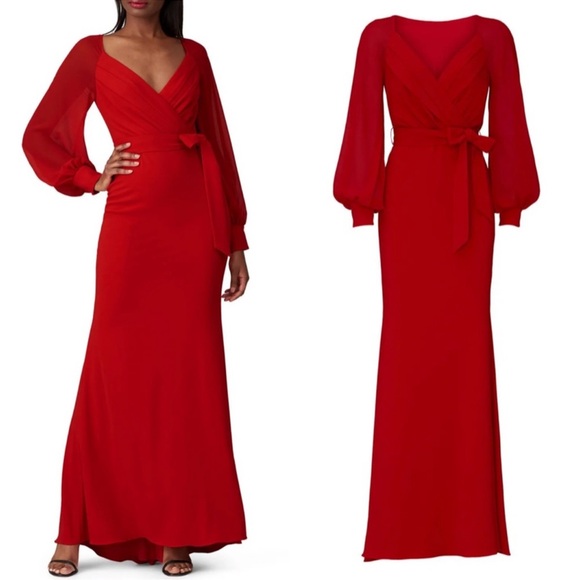 Badgley Mischka Red V Neck Gown Maxi Dress in Size 14 - Picture 3 of 12